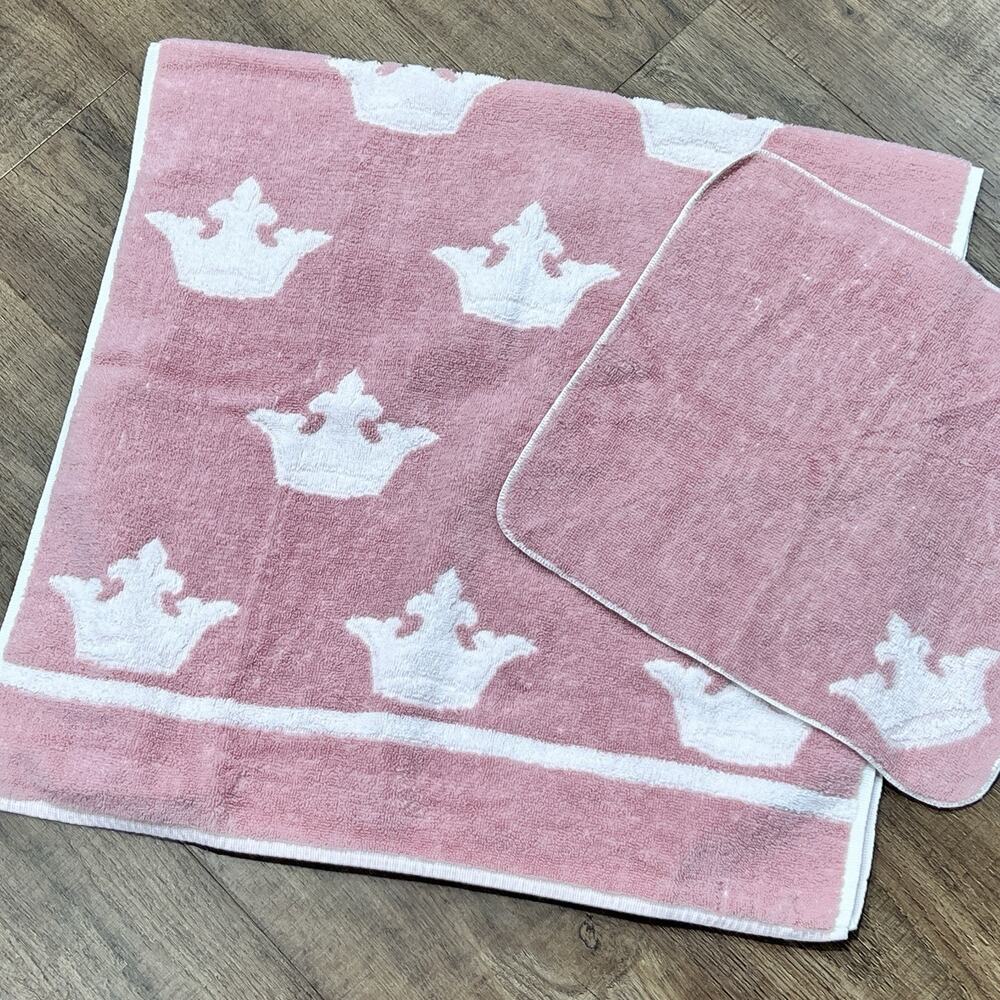 Vintage Bath Pink White Martex Hair Towel Washcloth Set 38" Soft Princess USA
